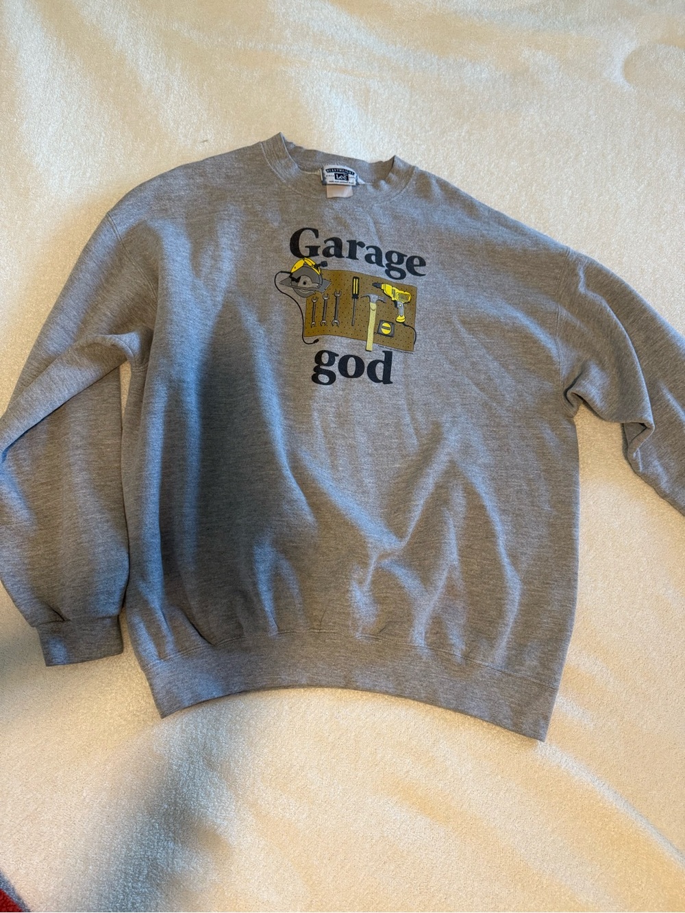 Vintage Lee Gray "Garage God" Crewneck Sweatshirt with Yellow Graphic
